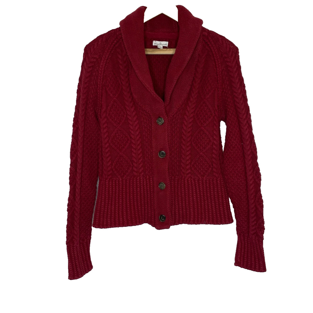 Women's XS L.L.Bean Signature Red Cable Knit Cotton Shawl Collar Cardigan